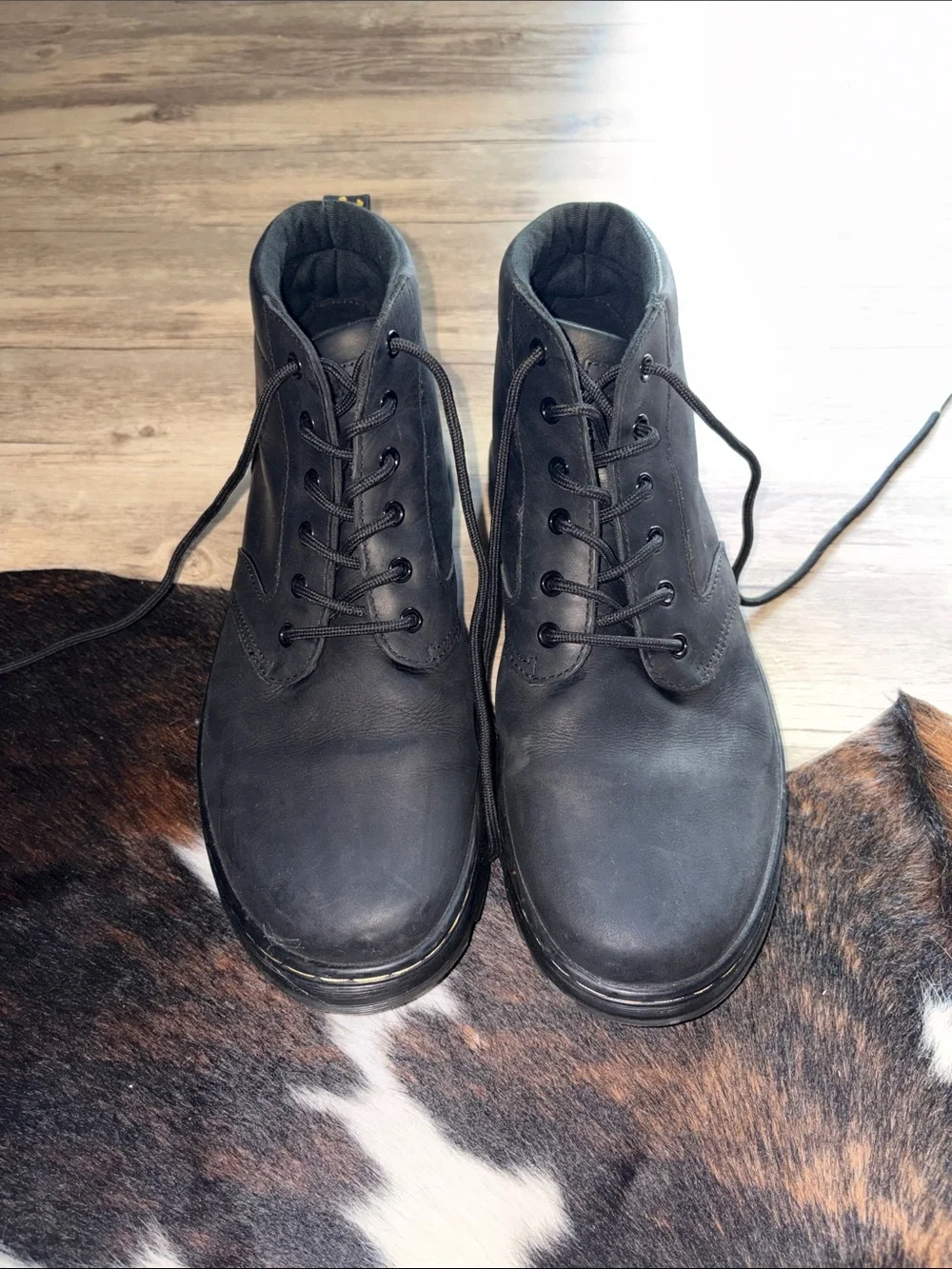 Dr. Martens Black Leather Lace-Up Boots with Yellow Heel Loop